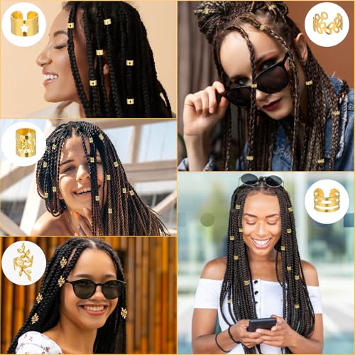 Tyqour 50Pcs Gold Hair Jewelry for Braids & Dreadlock Cuffs