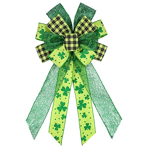 Large St. Patrick's Day Wreath Bow - Black Green Plaid Decor