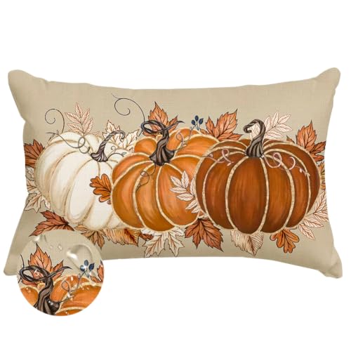 RABUSOFA Fall Outdoor Pillow Cover 12x20 Waterproof Pumpkin Thanksgiving Orange