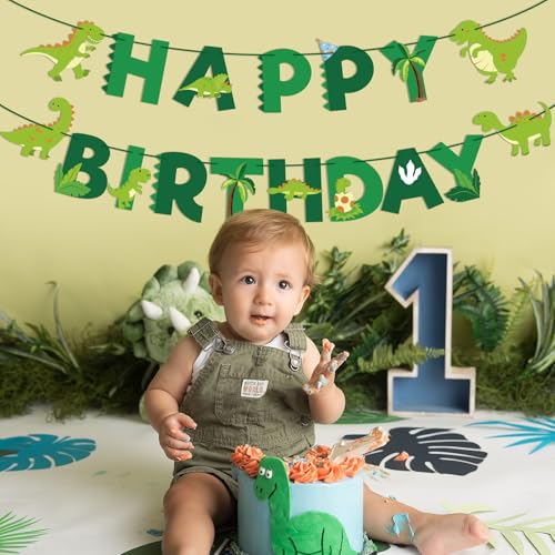Dinosaur Birthday Banner with Cute Cards & Green Ribbon
