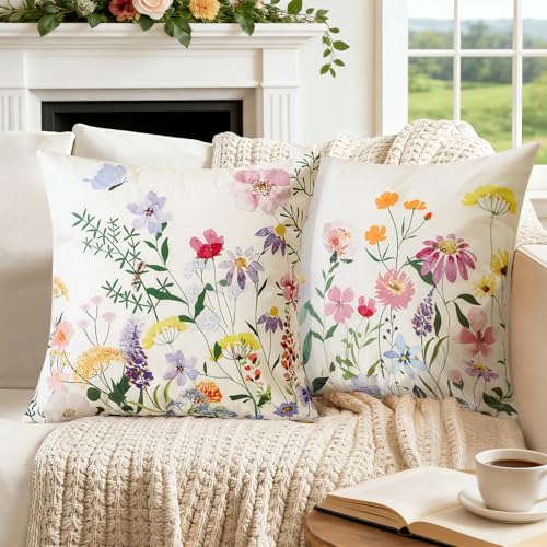 Artscope Floral Throw Pillow Covers Set of 4, 18x18 Inch Spring Decor