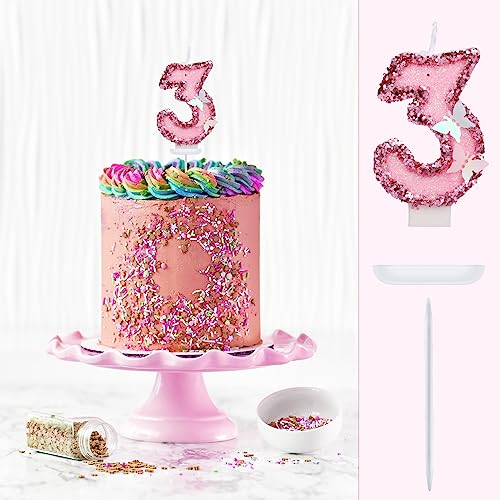 Pink Butterfly Number Candle 3 - 2.7 Inch Glitter Cake Topper