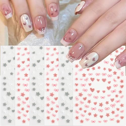 Glitter Heart Star Bows Nail Stickers 3D Self-Adhesive Decals 6 Sheets