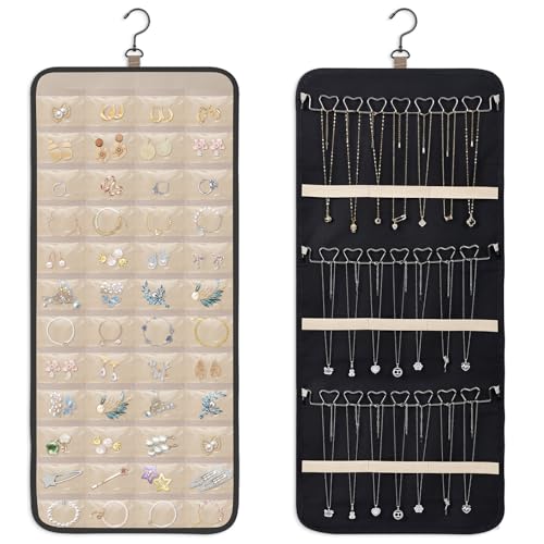Dynoro Double-Sided Jewelry Organizer Roll with 48 Pockets & 21 Hooks