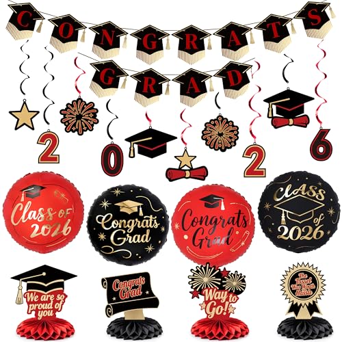 Class of 2026 Graduation Decorations Set - 19pcs Black & Red Kit