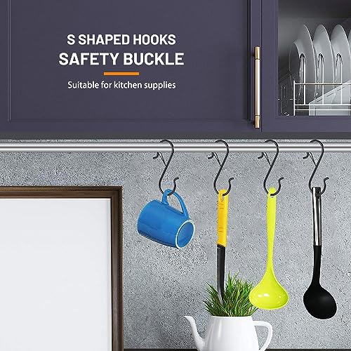 12 PCS Heavy Duty Metal S Hooks with Safety Buckle - 3.5 Inch Black