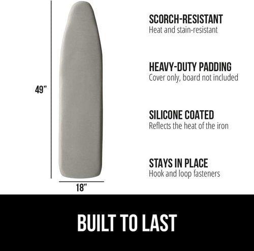 GORILLA GRIP The Original Ironing Board Cover and Pad, Silicone Coating, 400°F Scorch Resistant Thick Padding, Heavy Duty Iron Covers Standard Boards, Hook and Loop Fastener Strap, Silver 18x49