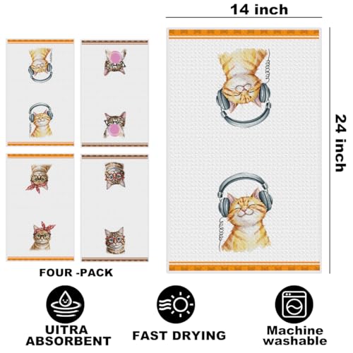 Hanamiya Na Multi 1350 Funny Cat Kitchen Towels, 4 Pcs 24x14 Inch