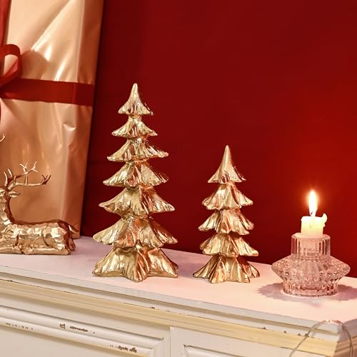 Gold Resin Christmas Tree Figurines Set - Small Holiday Tabletop Decor