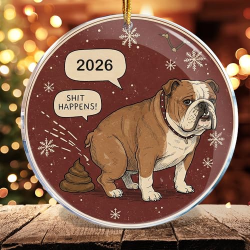 Funny Pooping Bulldog Christmas Ornament - 3.6 in Acrylic Gag Gift