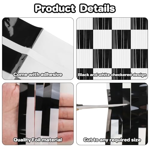 2PCS Racing Foil Fringe Curtains | 3.28x6.56 Ft Black & White Checkered Backdrop