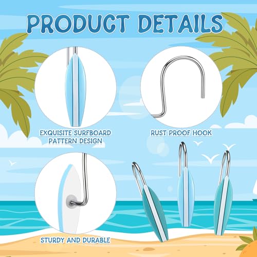 Surfboard Shower Curtain Hooks - 12 Pcs Ocean Theme Bathroom Decor