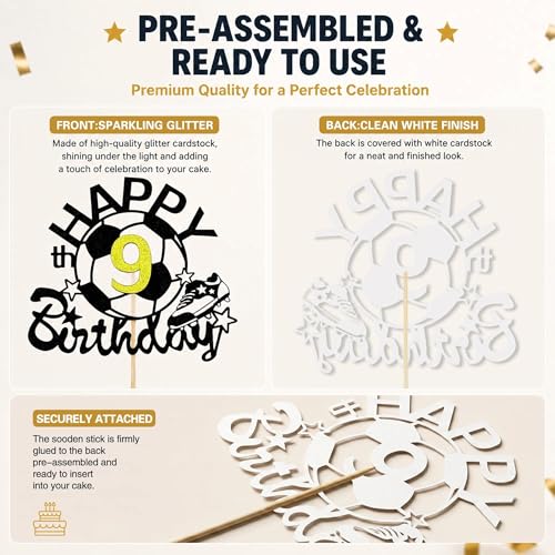 Black Glitter Soccer Happy 9th Birthday Cake Topper