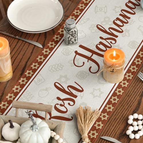 Honey Rosh Hashanah Table Runner 13x120 Inch - Shana Tova Holiday Decor, Red & Beige