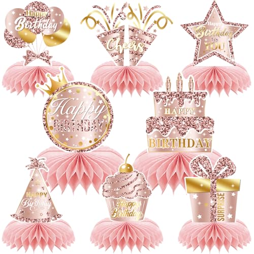 Rose Gold Birthday Honeycomb Centerpieces - 8 Pack Table Decor