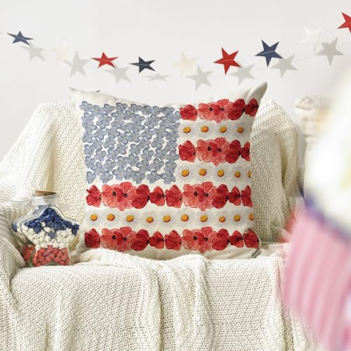 AVOIN colorlife 18" x 18" Patriotic Poppy Floral Pillow Cover for Independence Day