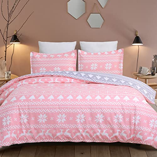 King Size Reversible Microfiber Duvet Cover Set with Zipper & Corner Ties - Pink & Grey