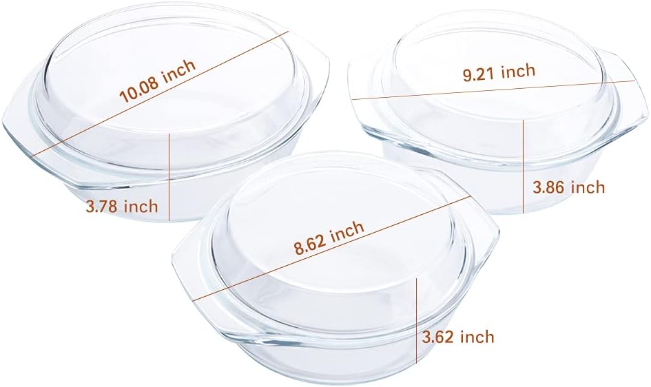 Regine Switzerland Round Tempered Glass Casserole Dish Set - 6 Pieces with Lids, Oven & Dishwasher Safe | 1QT, 1.5QT, 1.8QT