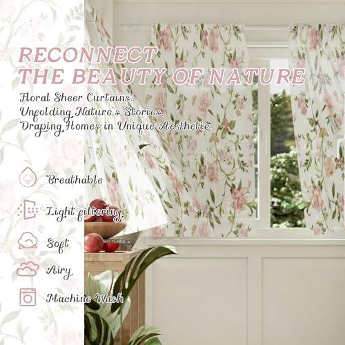 Lajode Pink Floral Semi-Sheer Cafe Curtains 30x36 Inch - 2 Panels