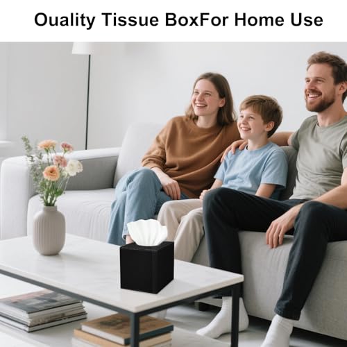 Black Square PU Leather Tissue Box Cover - Stylish Cube Holder