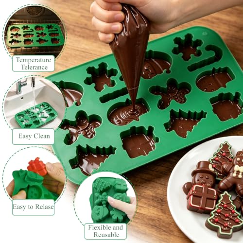 Christmas Silicone Molds 2PCS - Santa, Christmas Tree, Snowman & Gingerbread Design - 14 Cavity Candy & Cookie Molds - Variation 1-2pcs