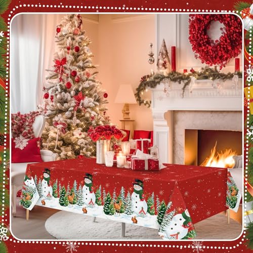 Peryiter Christmas Snowman Tablecloth Set - 2 Pieces 54x108 Inch Red Winter Table Cover