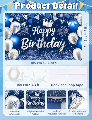 Blue Happy Birthday Backdrop Banner - 73" x 43" Large Fabric Poster