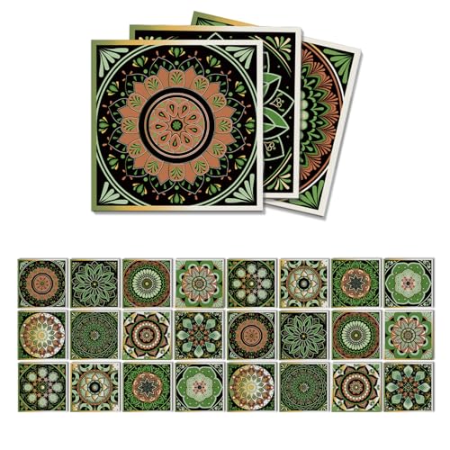 Mandala Tile Stickers 4x4IN - 24Pcs Green Peel & Stick Vinyl Tiles