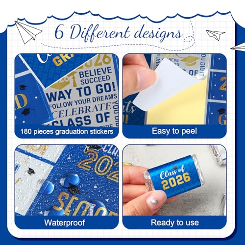 Graduation Candy Bar Wrappers - 180 Blue & Gold Stickers