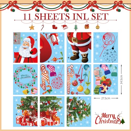 Red Christmas Window Clings Stickers Wreath Snowflakes Santa Wall Decorations - 11 Sheets