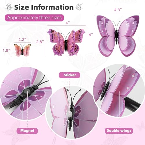 24 PCS 3D Butterfly Wall Stickers with Magnets - Pink Decor