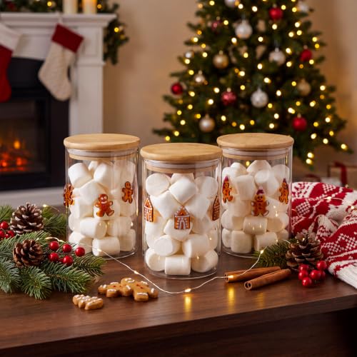 3pcs Christmas Icon Glass Storage Jars with Airtight Bamboo Lids - Gingerbread