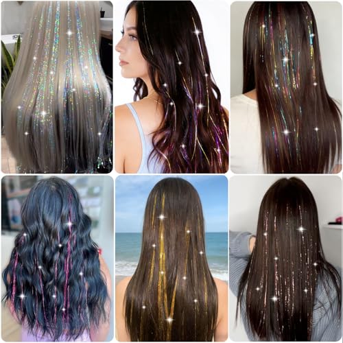 Aouuhe Clip-in Hair Tinsel Kit - 18 Pcs 20.5 Inch Glitter Hair Extensions