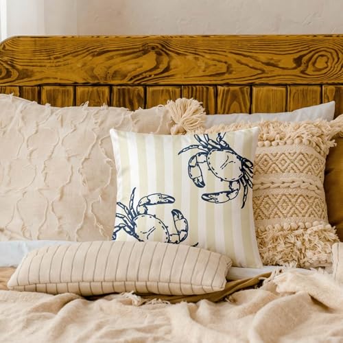 Coastal Beach Yellow Crab Pillow Cover 18x18, Linen Texture Throw Case
