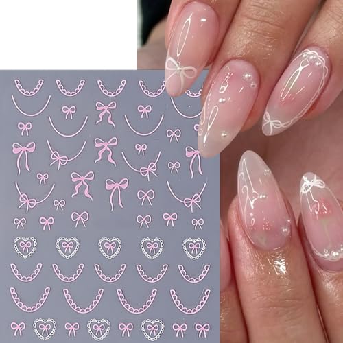SHUXILIN Heart Bow Nail Stickers 8 Sheets Self-Adhesive Pink White Ribbons