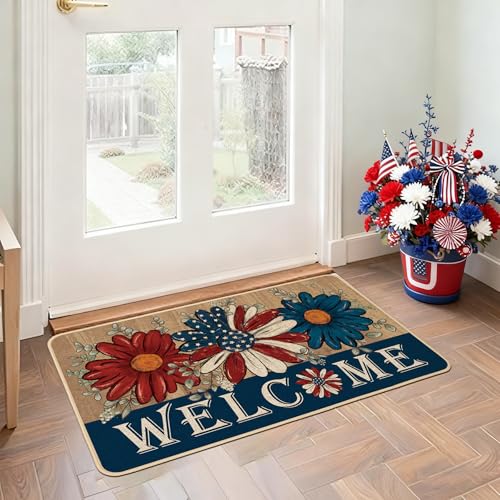 Patriotic Daisy Welcome Doormat 17x29 Inch - Non-Slip Indoor/Outdoor