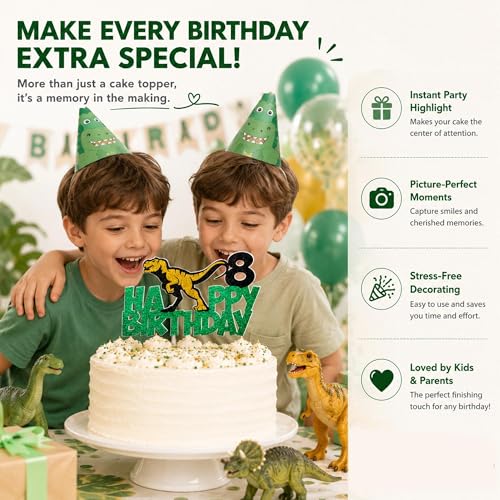 Dinosaur 8th Birthday Cake Topper - Glitter T-Rex Decoration