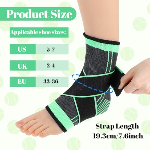2 Pcs Ankle Brace for Kids - Kids Compression Socks, Youth Ankle Brace for Sports, Adjustable Support for Running, Sprains and Fitness, Compression Ankles Socks for Women, Unisex (Green)