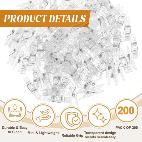 200 Pcs Mini Transparent Plastic Clips, 1.38" Photo Clips for Crafts