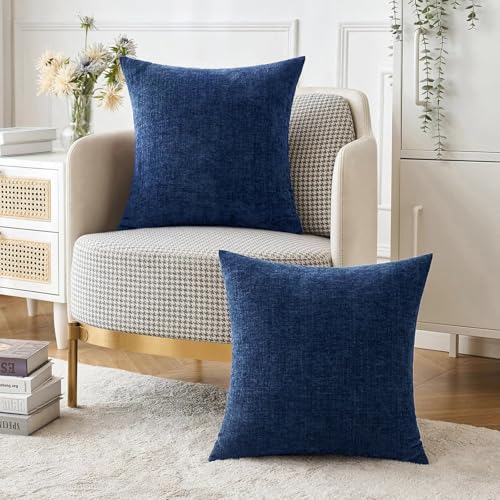 MIULEE Soft Chenille Throw Pillow Covers, Navy Blue 18x18 Inch, Set of 2