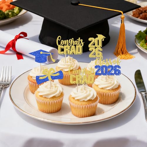 30 PCS Graduation Cupcake Toppers - Class of 2026 Glitter Picks