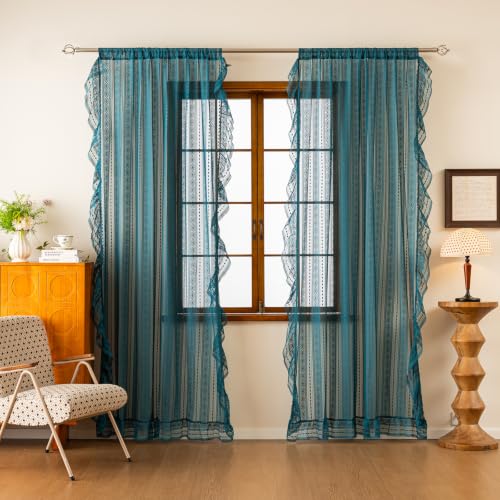 Teal Boho Sheer Lace Curtains 50W x 96L Pair – Geometric Crochet Drapes for Bedroom & Holiday Decor