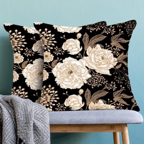 BETGINY Peony Roses Floral Linen Pillow Covers 18x18, Set of 2