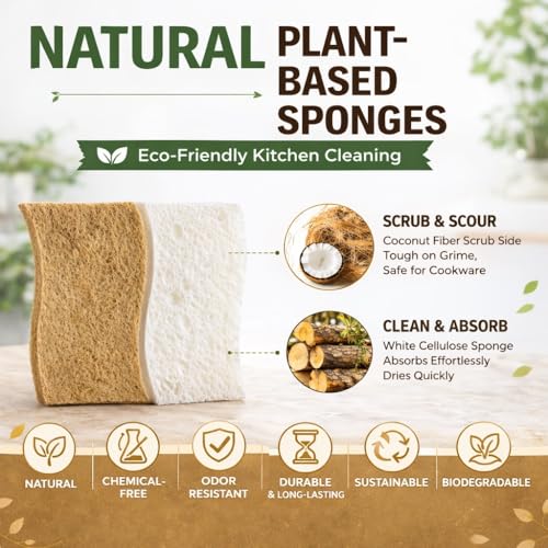 Eco-Friendly Kitchen Sponge Set - 6 Pack Natural Coconut Fiber & Cellulose Double-Sided Scrubbers