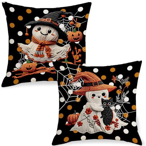 Halloween Pillow Covers Set of 2 - 18x18 Inch Double-Sided Ghost Decor