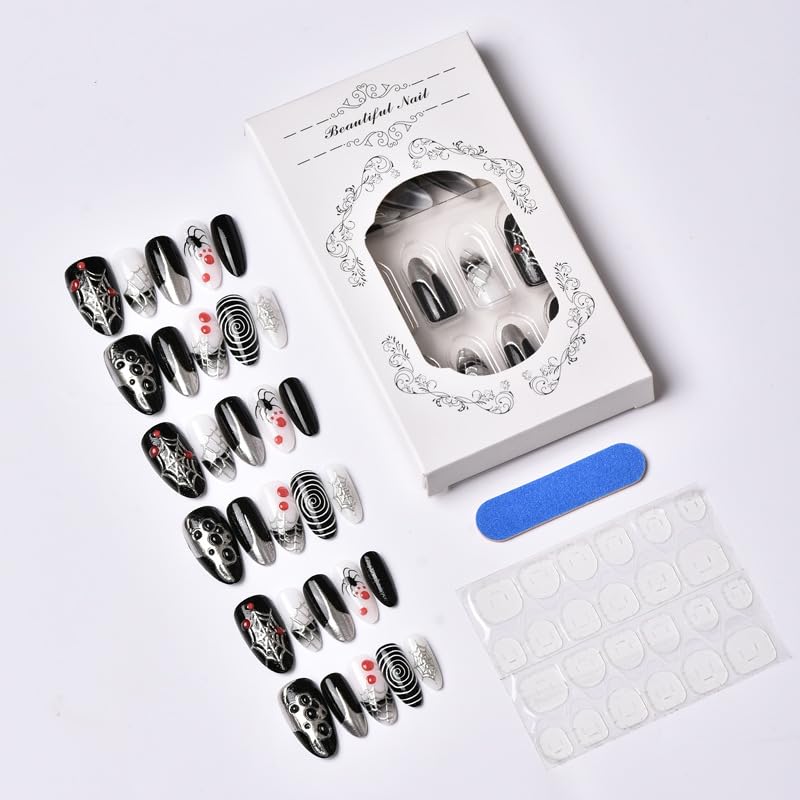 UEYRSEDB Halloween Black Press on Nails Medium Almond Gothic French Tip Fake Nails with Spider Web Design