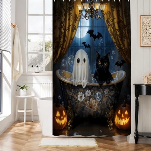 Spooky Halloween Shower Curtain 70" x 70" with Hooks - Ghosts, Cats, Pumpkins, and Bats