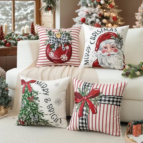Artscope Christmas Throw Pillow Covers Set of 4 - 18x18 Inch Holiday Decor