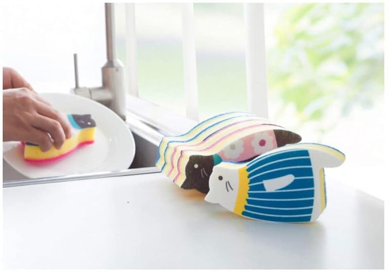 MosBug Cute Cat Dish Sponges - Non-Scratch Kitchen Scrubbers, Blue/Pink Set
