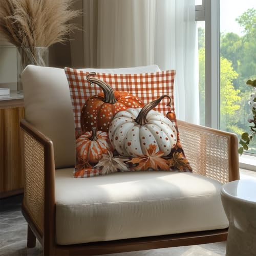HOMETITUTE Fall Pumpkin Plaid Throw Pillow Covers 18x18 Inch - Set of 2, Autumn Thanksgiving Decor, Variation #04